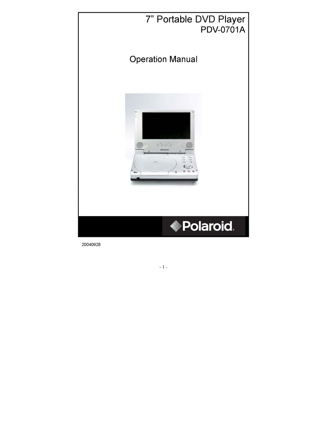 Polaroid PDV-0701A operation manual Portable DVD Player 