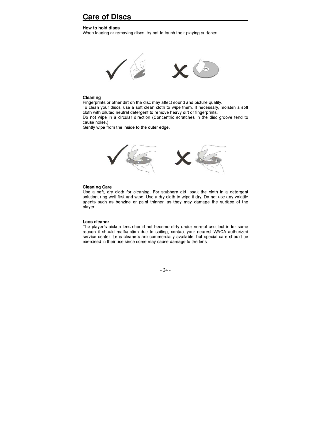 Polaroid PDV-0701A operation manual Care of Discs, How to hold discs, Cleaning Care, Lens cleaner 