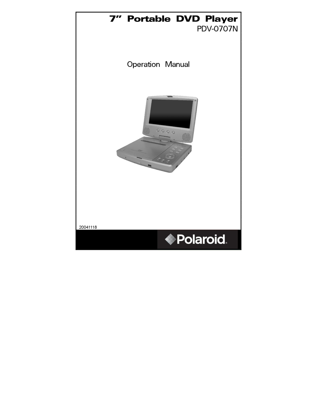 Polaroid PDV-0707N operation manual Portable DVD Player 