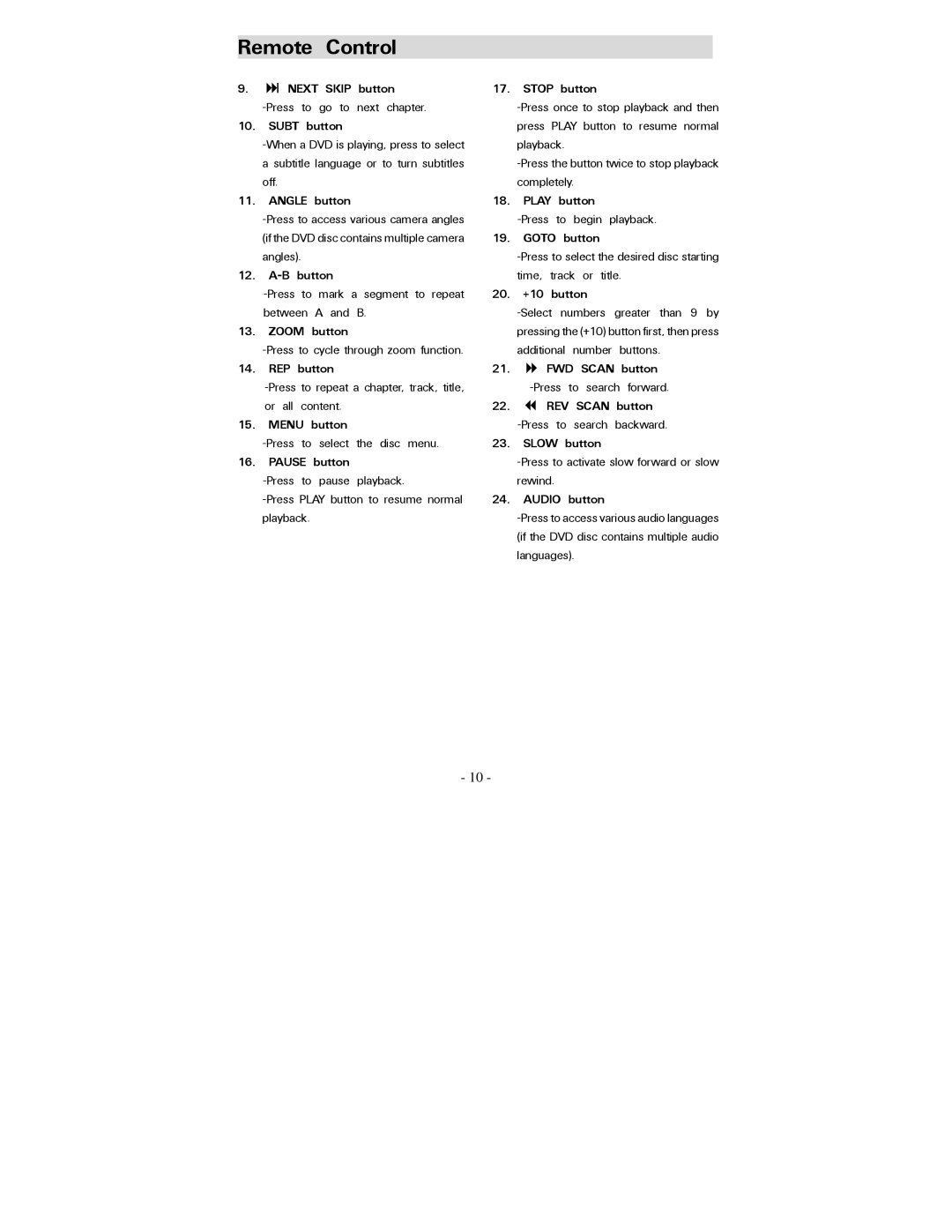 Polaroid PDV-0707N Next Skip button, Subt button, Angle button, B button, Zoom button, REP button, Menu button 