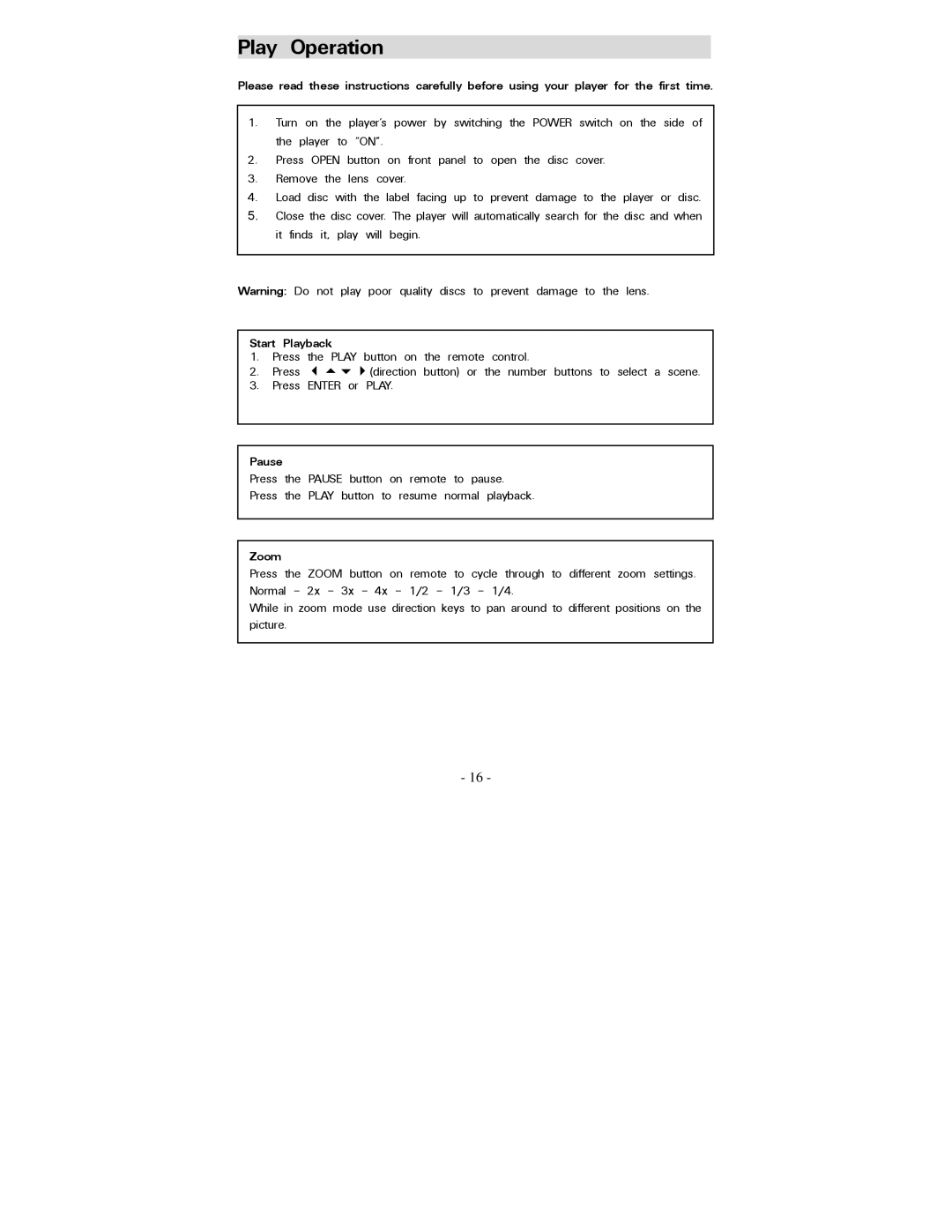 Polaroid PDV-0707N operation manual Play Operation, Start Playback, Pause, Zoom 