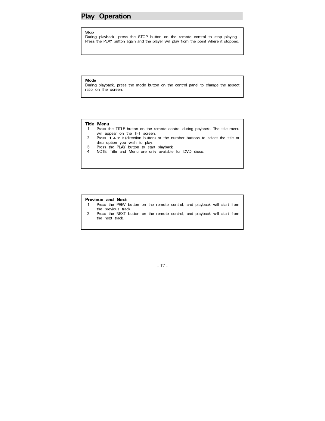 Polaroid PDV-0707N operation manual Title Menu, Stop 