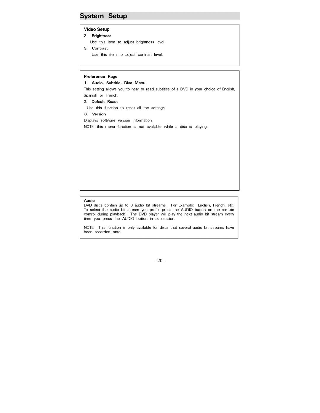 Polaroid PDV-0707N Video Setup Brightness, Contrast, Preference Audio, Subtitle, Disc Menu, Default Reset, Version 