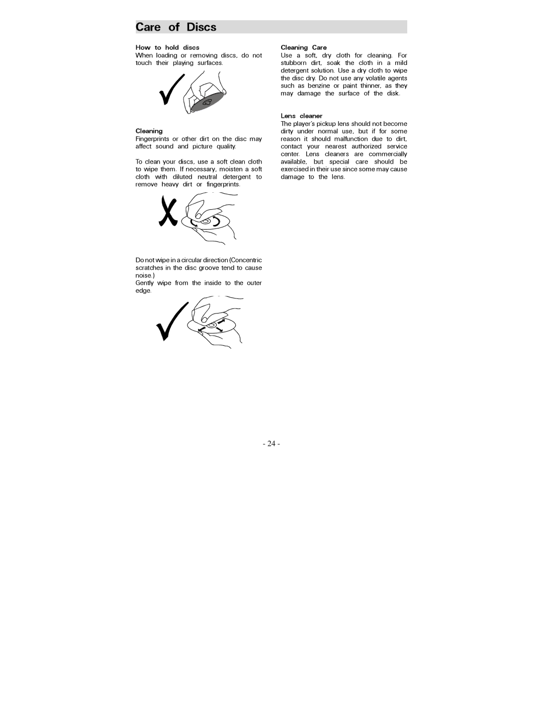 Polaroid PDV-0707N operation manual Care of Discs, How to hold discs, Cleaning Care, Lens cleaner 