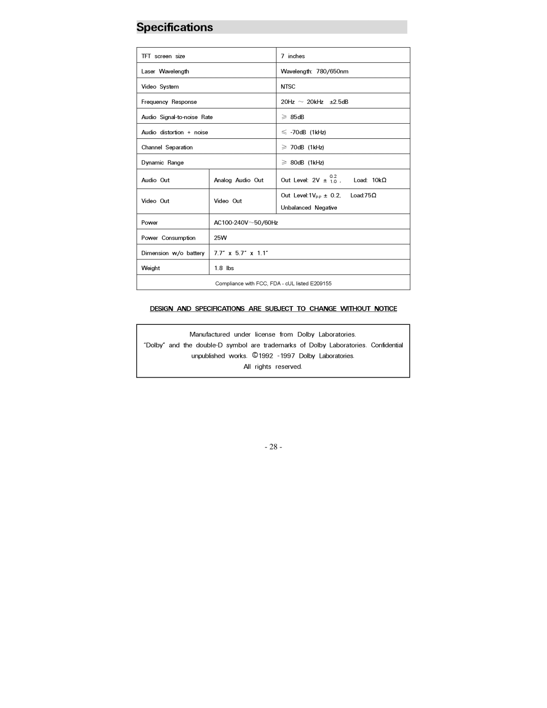 Polaroid PDV-0707N operation manual Specifications, Ntsc 