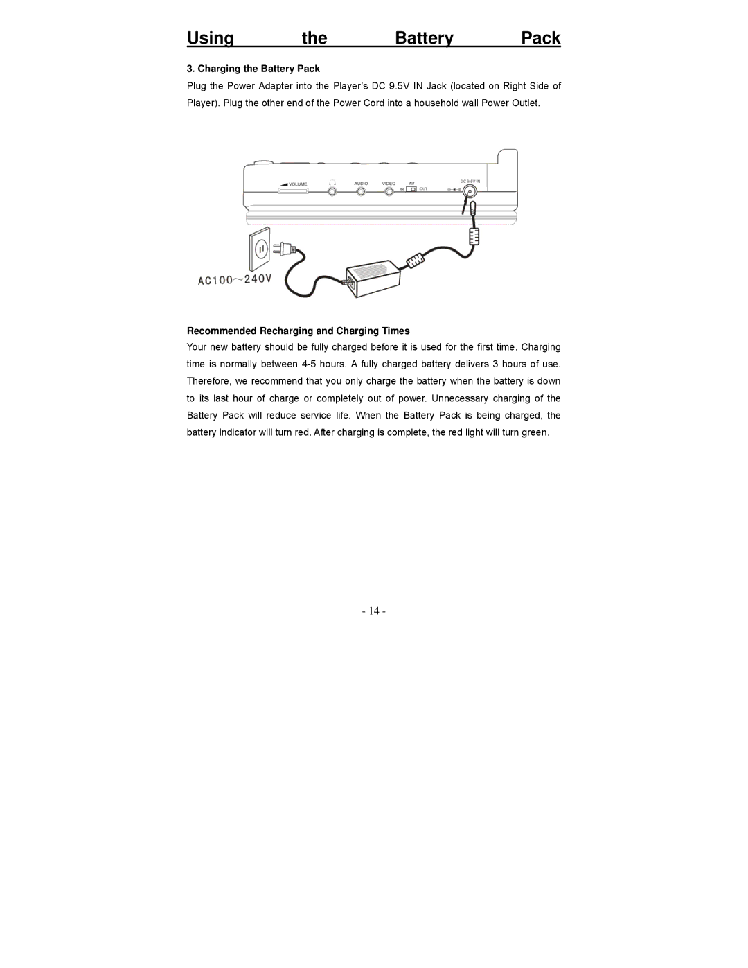 Polaroid PDV-0713A operation manual Charging the Battery Pack, Recommended Recharging and Charging Times 