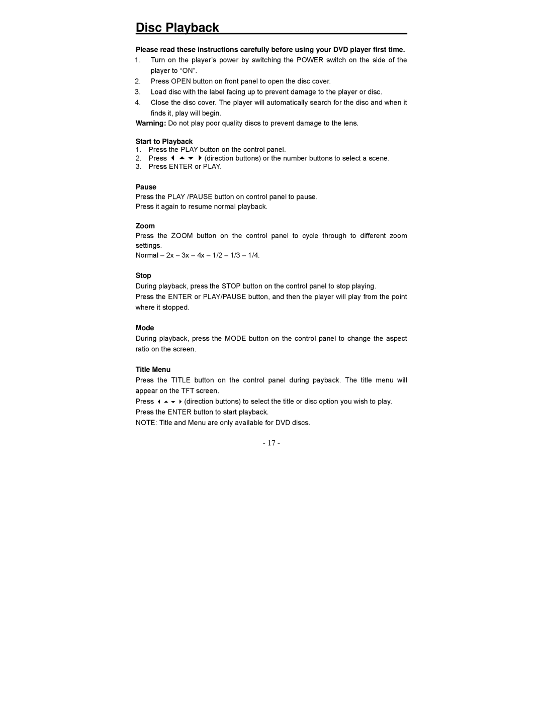 Polaroid PDV-0713A operation manual Disc Playback 