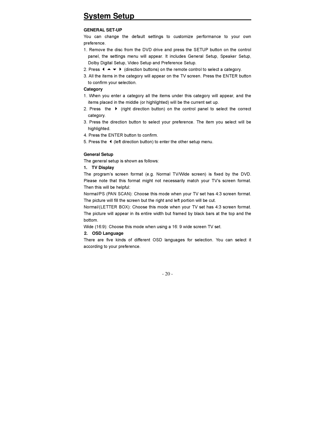 Polaroid PDV-0713A operation manual System Setup, General SET-UP 