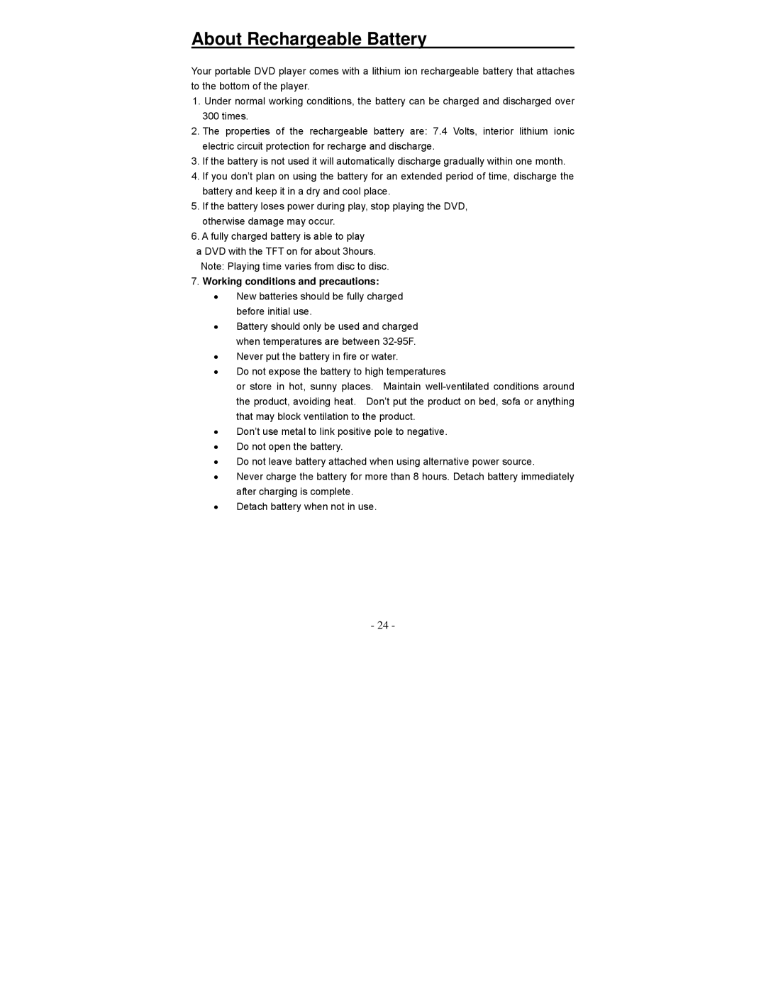 Polaroid PDV-0713A operation manual About Rechargeable Battery, Working conditions and precautions 