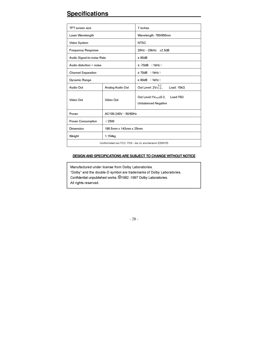 Polaroid PDV-0713A operation manual Specifications, Ntsc 