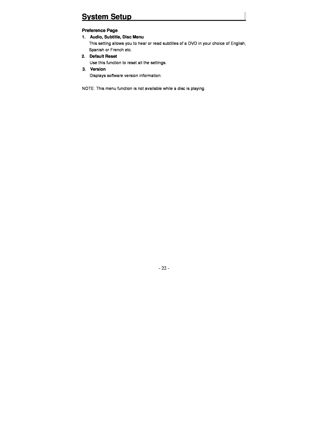 Polaroid PDV-0713A operation manual System Setup, Preference Page 1. Audio, Subtitle, Disc Menu, Default Reset, Version 