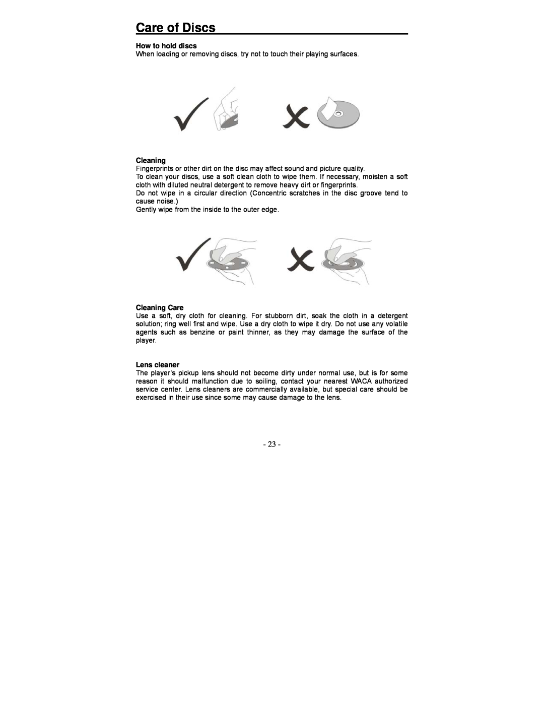 Polaroid PDV-0713A operation manual Care of Discs, How to hold discs, Cleaning Care, Lens cleaner 