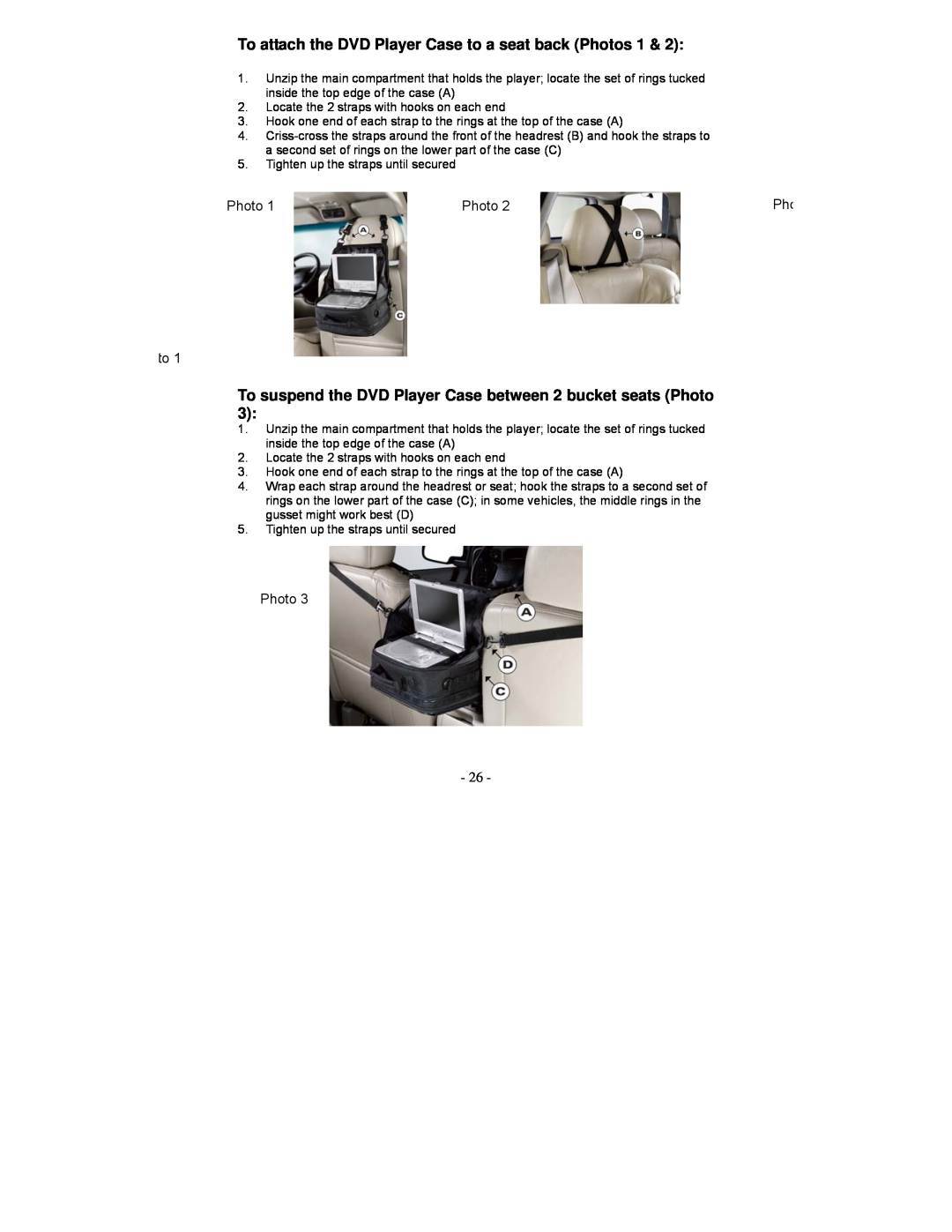 Polaroid PDV-0713A operation manual To attach the DVD Player Case to a seat back Photos 1 