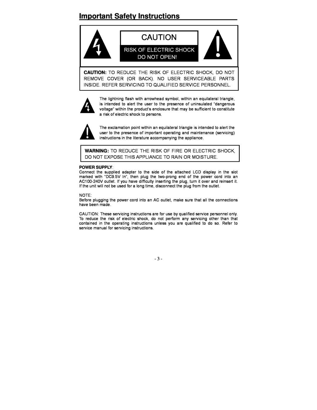Polaroid PDV-0713A operation manual Important Safety Instructions, Power Supply 