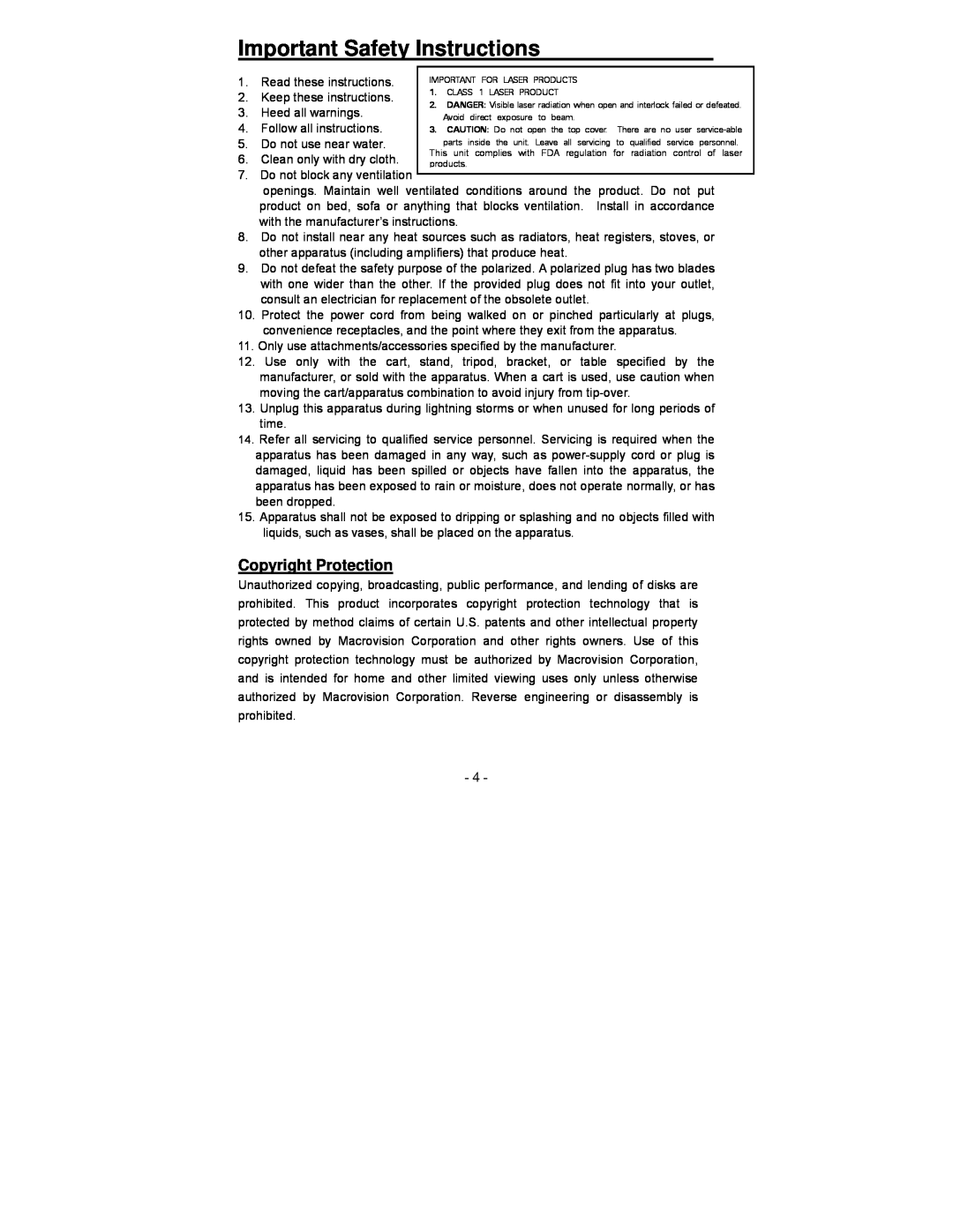 Polaroid PDV-0713A operation manual Copyright Protection, Important Safety Instructions 