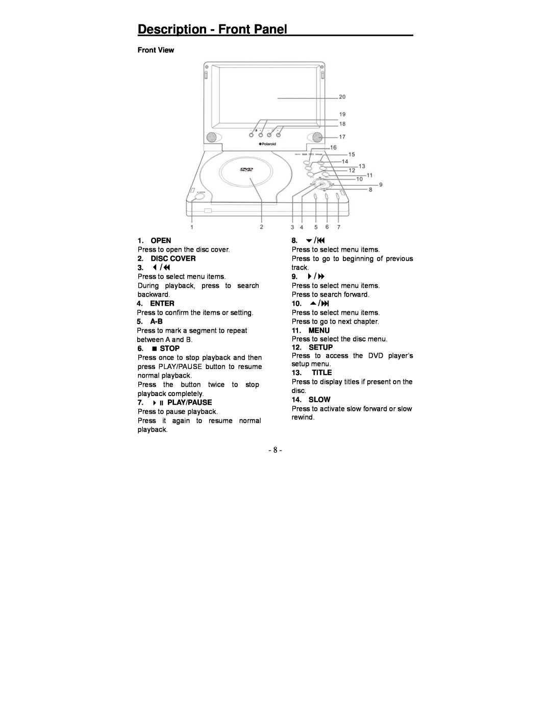 Polaroid PDV-0713A Description - Front Panel, Front View 1. OPEN, Disc Cover, Enter, A-B, Stop, Play/Pause, Menu, Setup 
