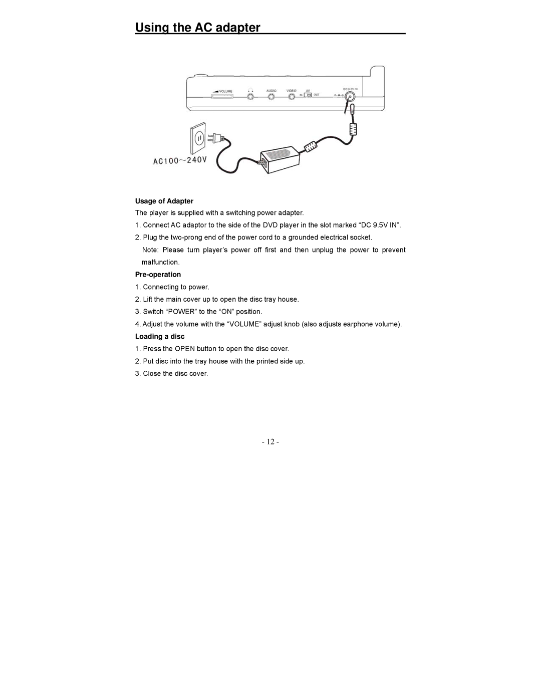 Polaroid PDV-0713B operation manual Using the AC adapter, Usage of Adapter, Pre-operation, Loading a disc 