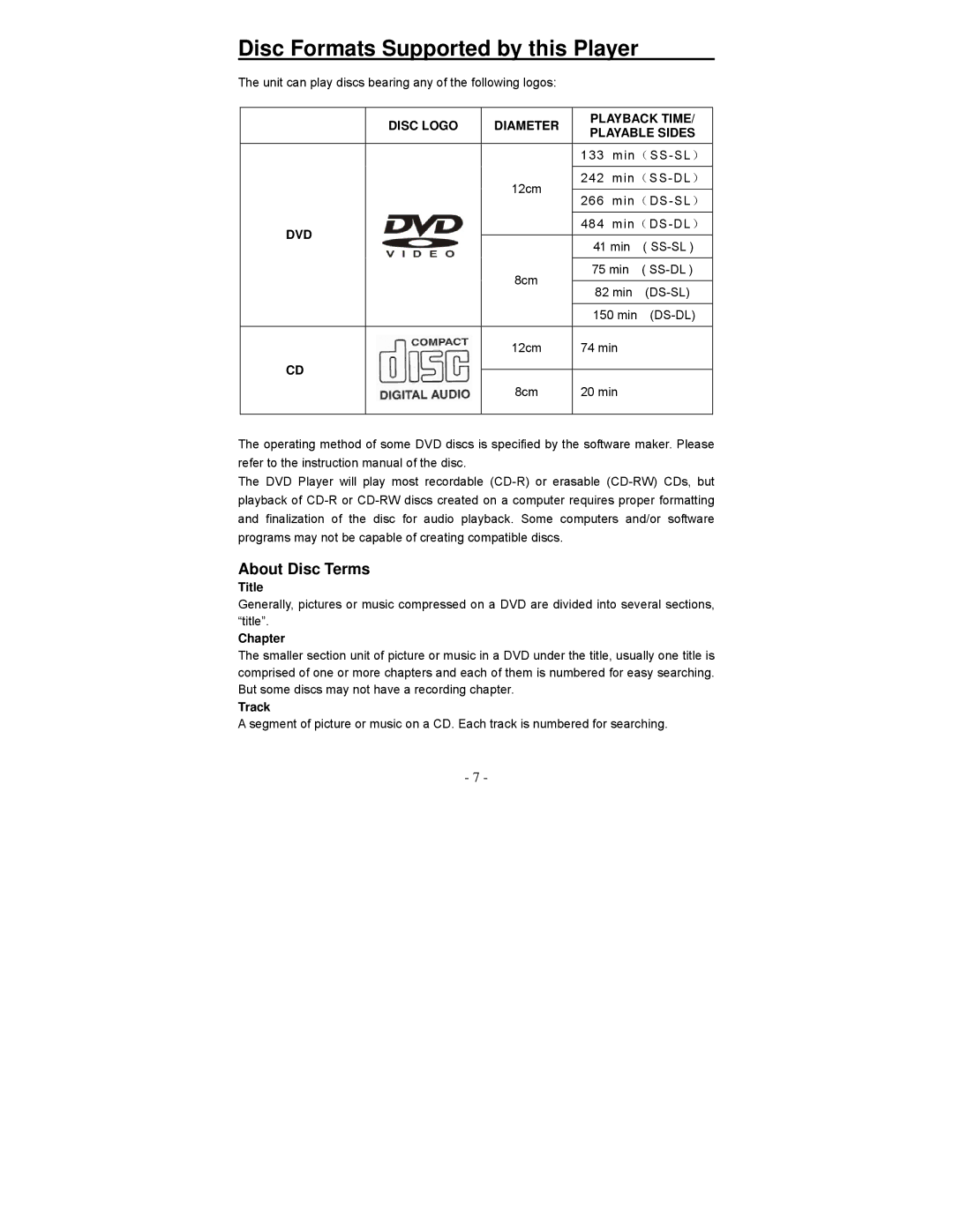 Polaroid PDV-0713B Disc Formats Supported by this Player, Disc Logo Diameter Playback Time Playable Sides, Dvd 