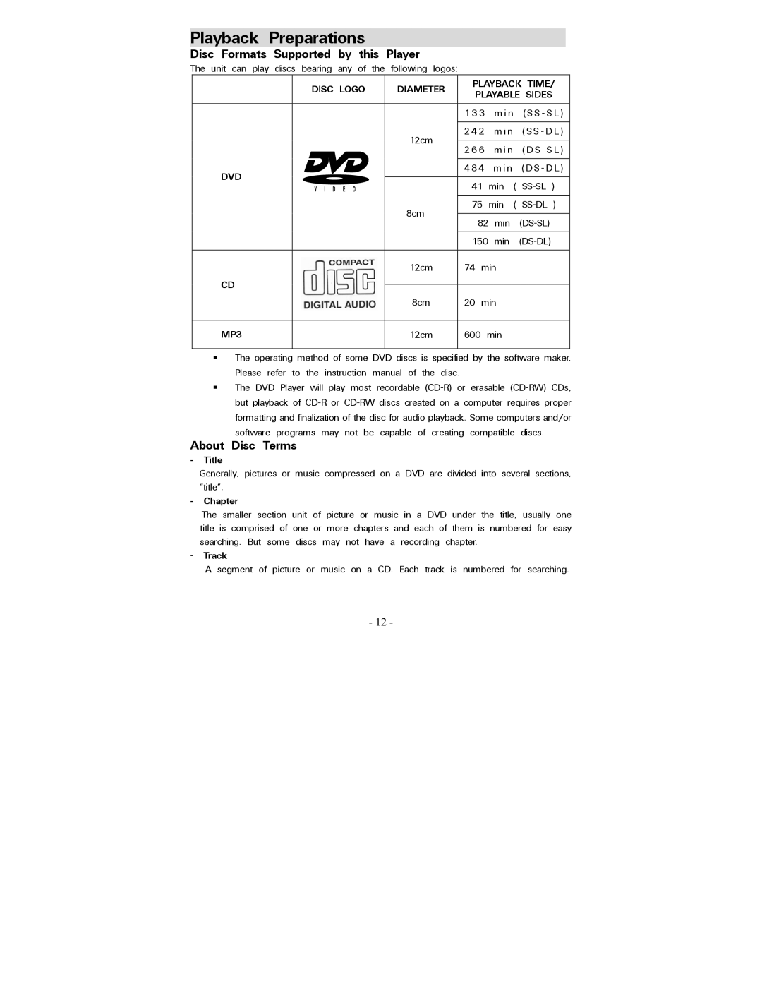 Polaroid PDV-0744M operation manual Disc Formats Supported by this Player, About Disc Terms 