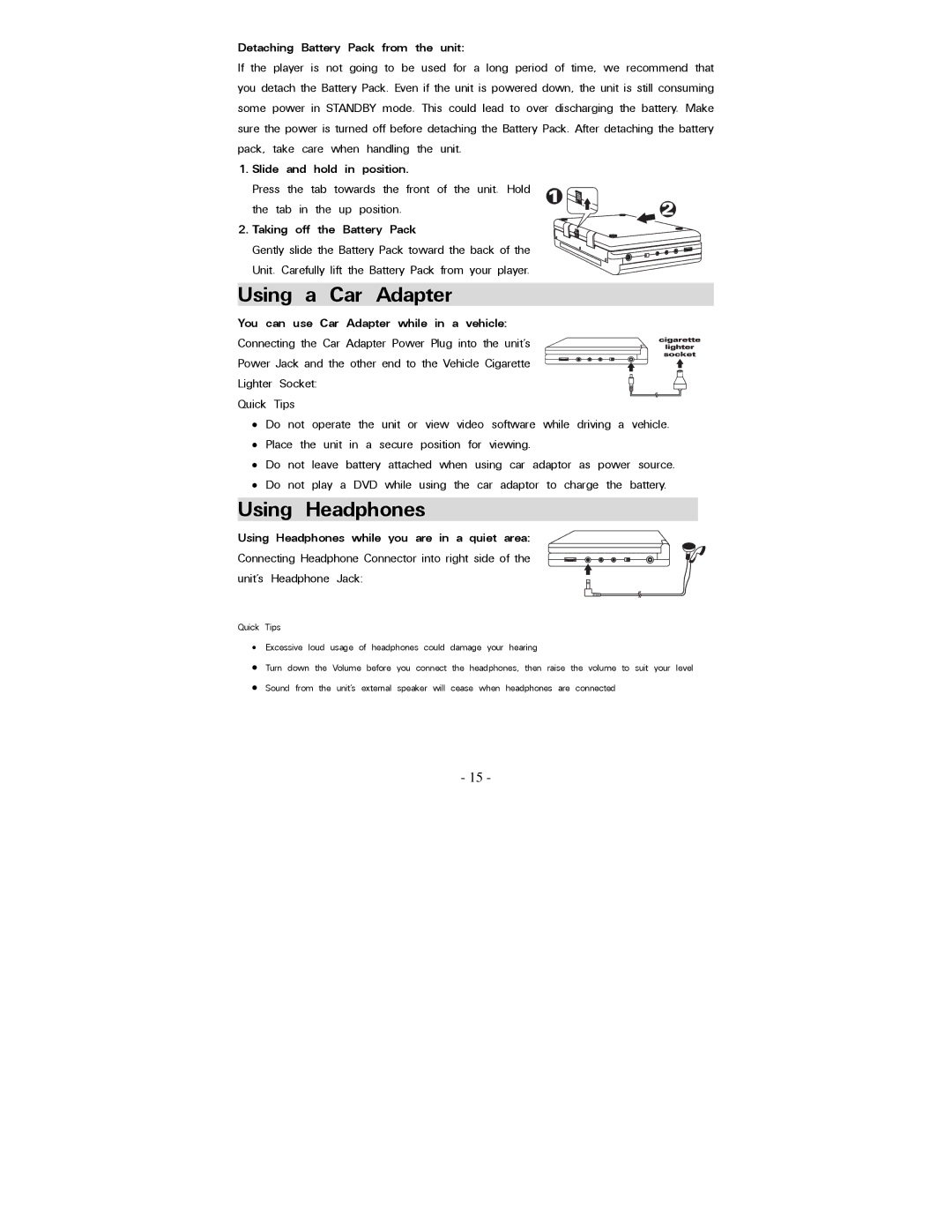 Polaroid PDV-0744M operation manual Using a Car Adapter, Using Headphones 