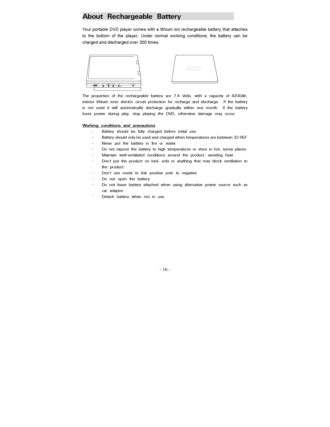 Polaroid PDV-0744M operation manual About Rechargeable Battery, Working conditions and precautions 