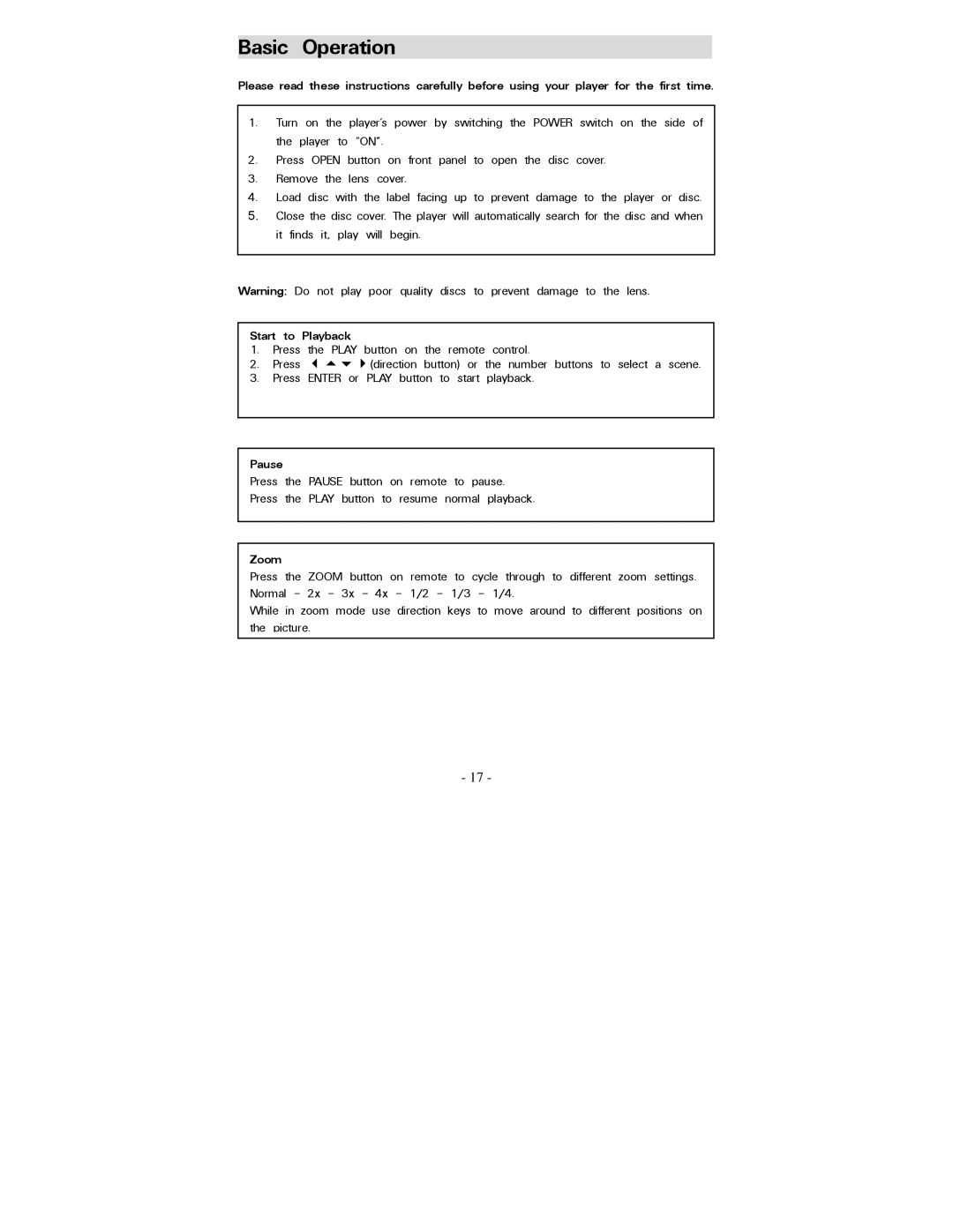 Polaroid PDV-0744M operation manual Basic Operation, Start to Playback, Pause, Zoom 