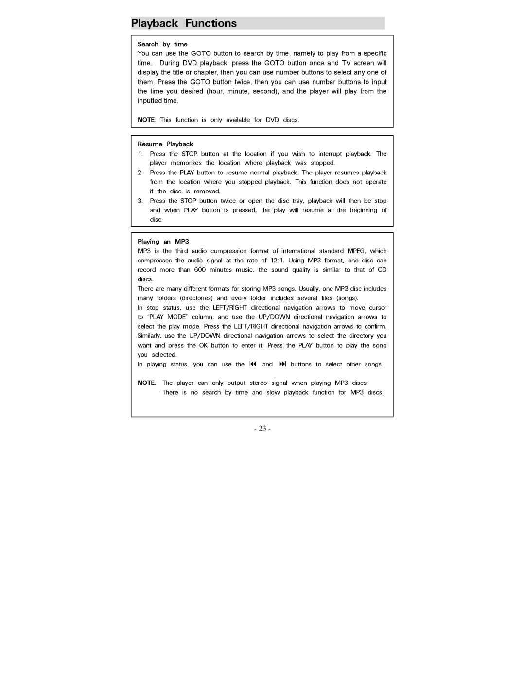 Polaroid PDV-0744M operation manual Search by time, Resume Playback, Playing an MP3 