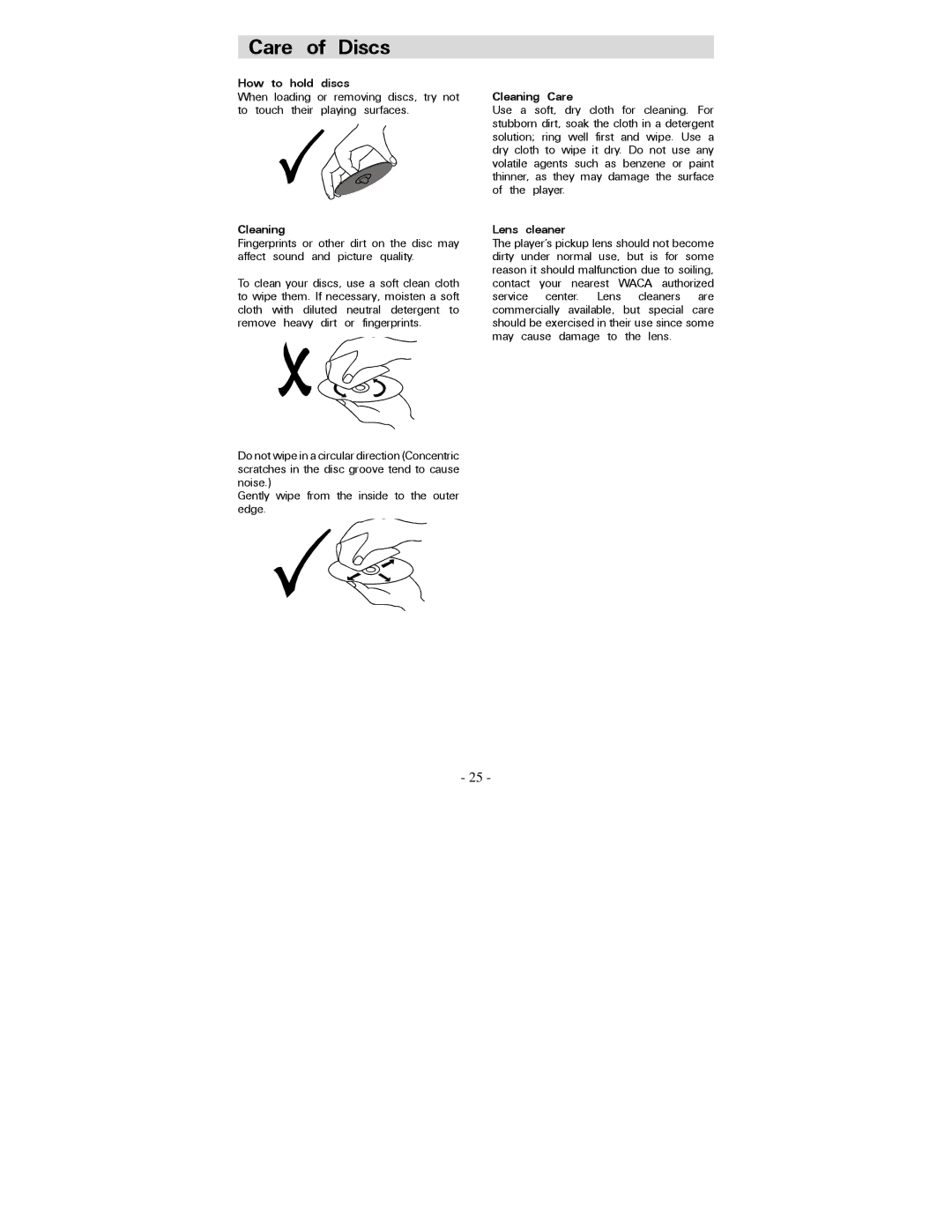 Polaroid PDV-0744M operation manual Care of Discs, How to hold discs, Cleaning Care, Lens cleaner 