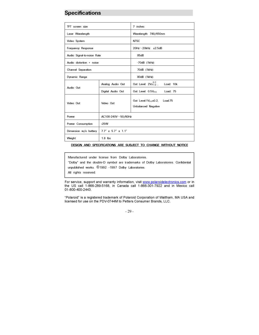 Polaroid PDV-0744M operation manual Specifications, Ntsc 