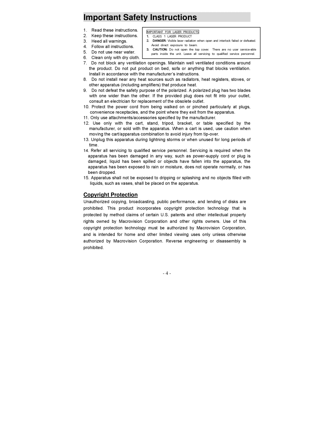 Polaroid PDV-0744M operation manual Important Safety Instructions, Copyright Protection 