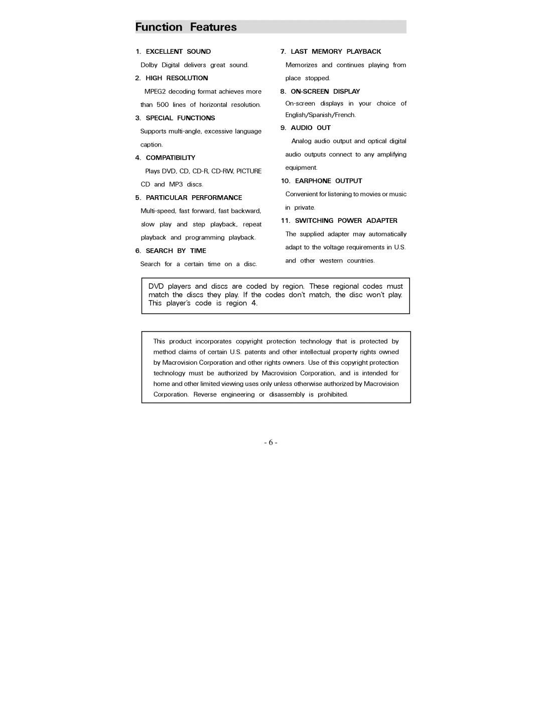 Polaroid PDV-0744M operation manual Function Features 