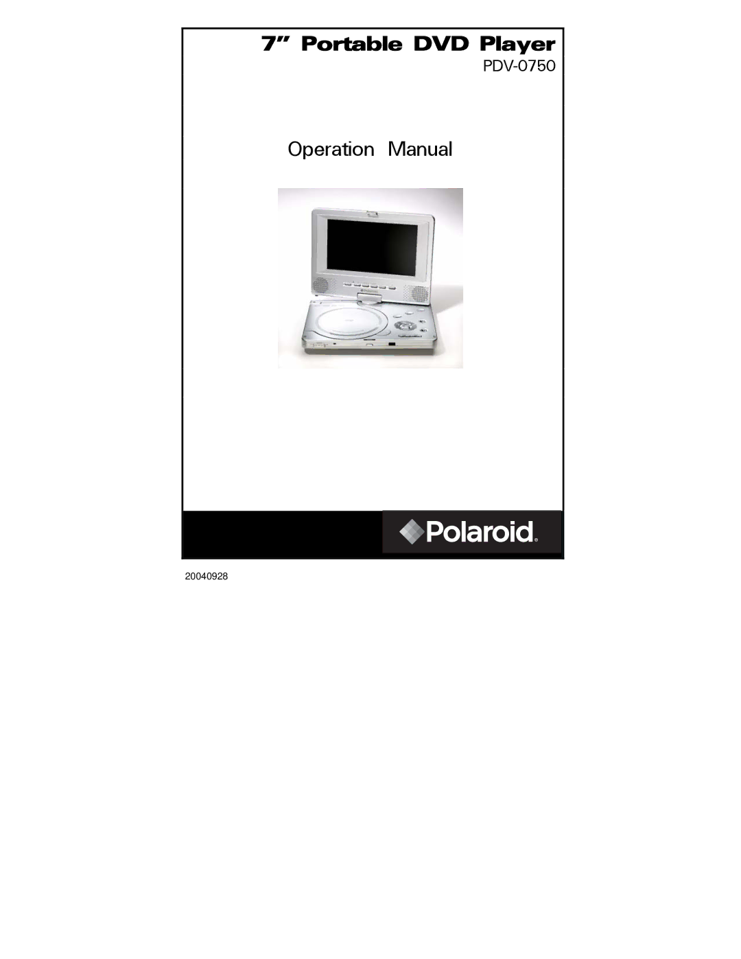 Polaroid PDV-0750 operation manual Portable DVD Player 