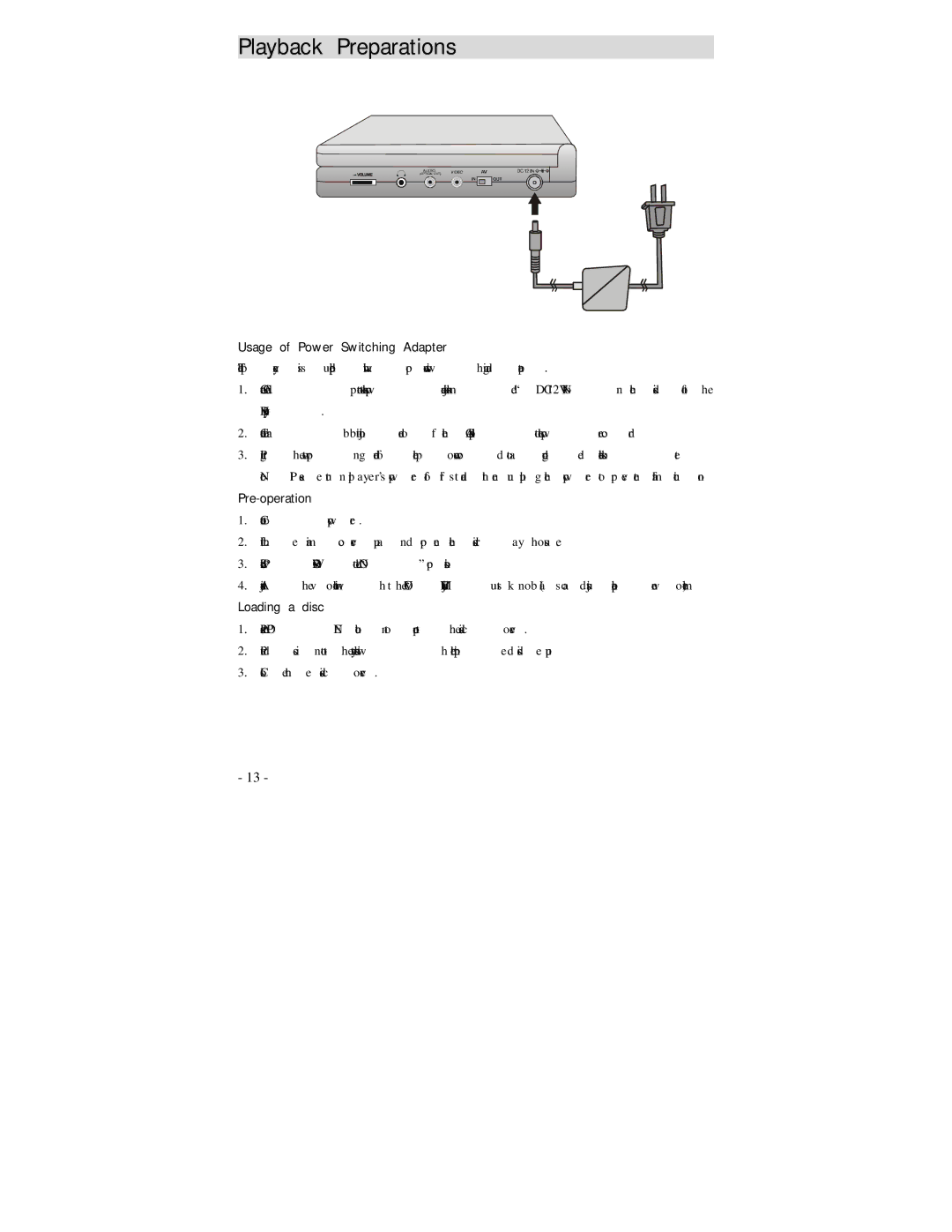 Polaroid PDV-0750 operation manual Usage of Power Switching Adapter, Pre-operation, Loading a disc 