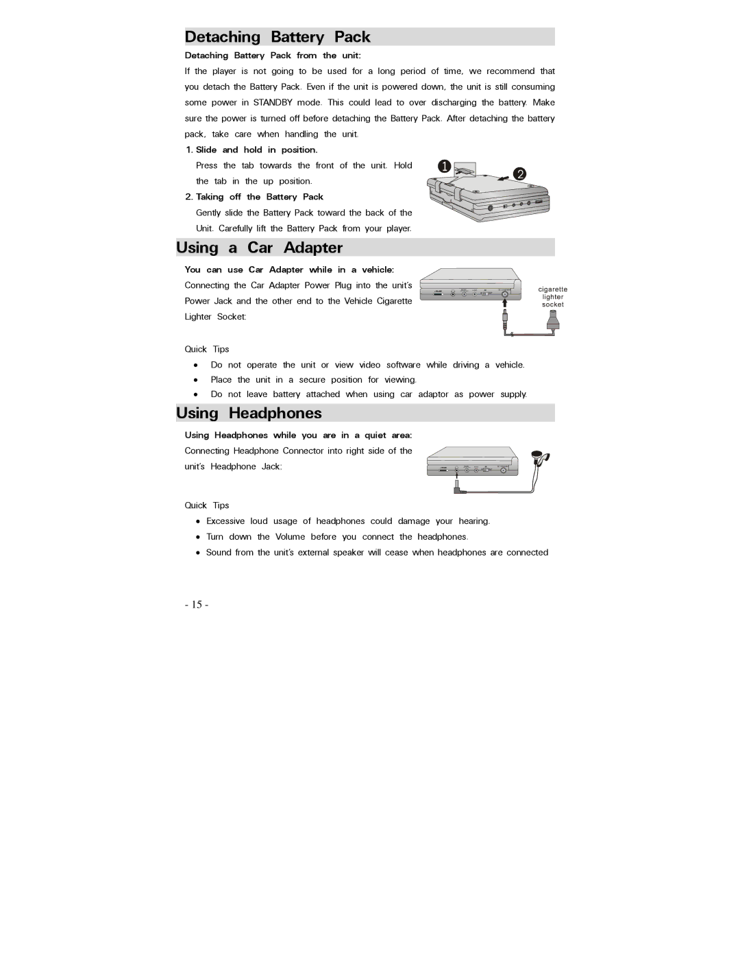 Polaroid PDV-0750 operation manual Detaching Battery Pack, Using a Car Adapter, Using Headphones 