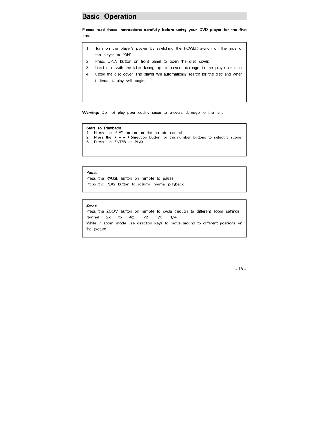 Polaroid PDV-0750 operation manual Basic Operation, Start to Playback, Pause, Zoom 