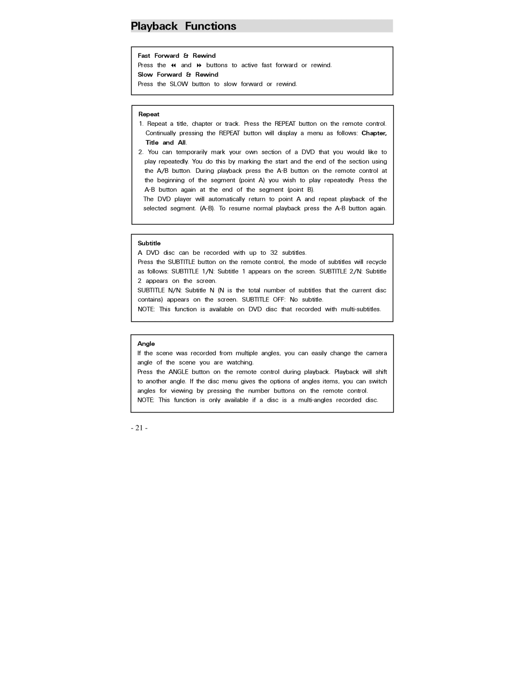 Polaroid PDV-0750 operation manual Functions, Fast Forward Rewind, Repeat, Subtitle, Angle 