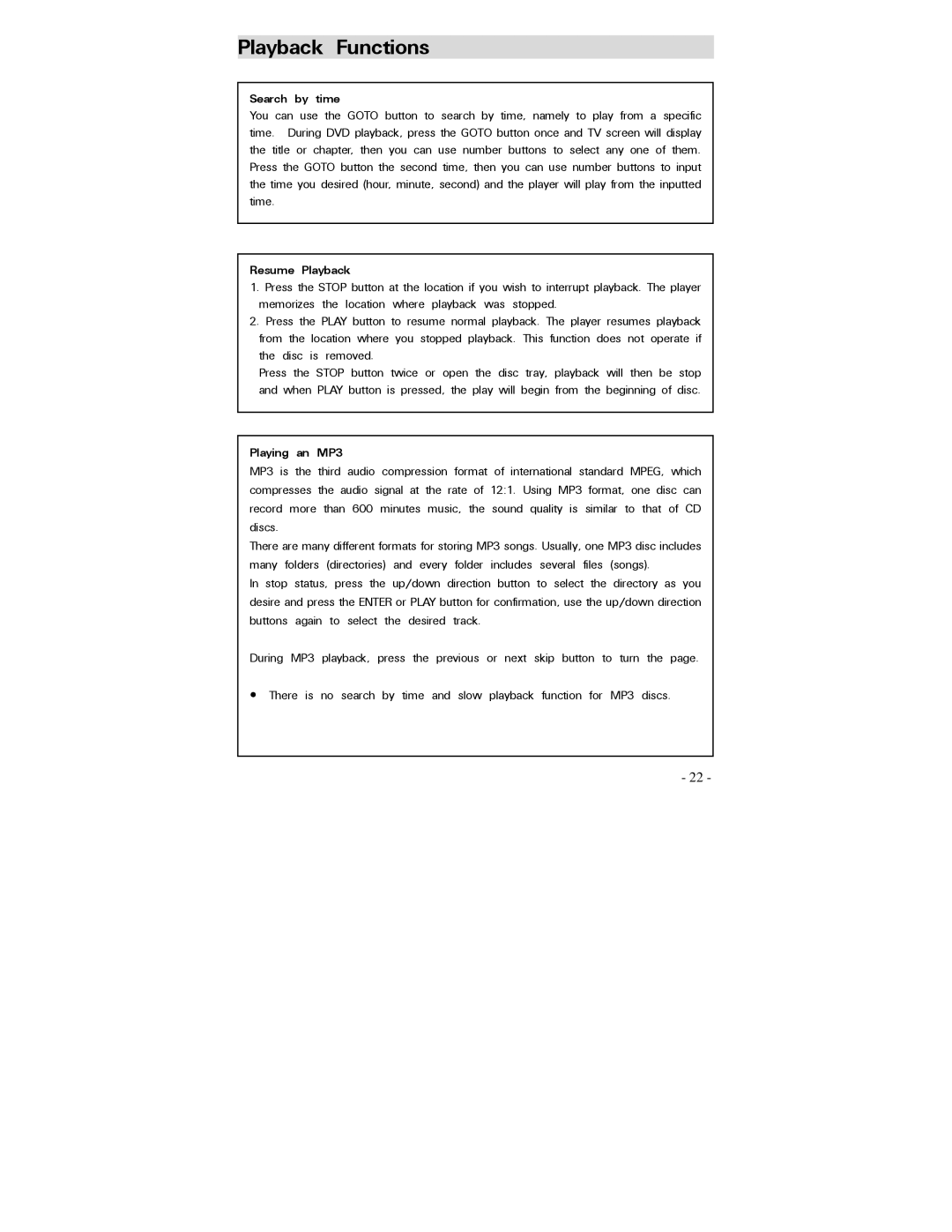 Polaroid PDV-0750 operation manual Playback Functions, Search by time, Resume Playback, Playing an MP3 