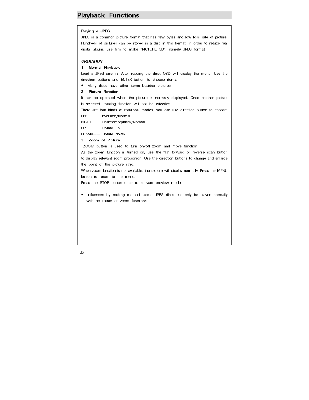 Polaroid PDV-0750 operation manual Playing a Jpeg, Normal Playback, Picture Rotation, Zoom of Picture 