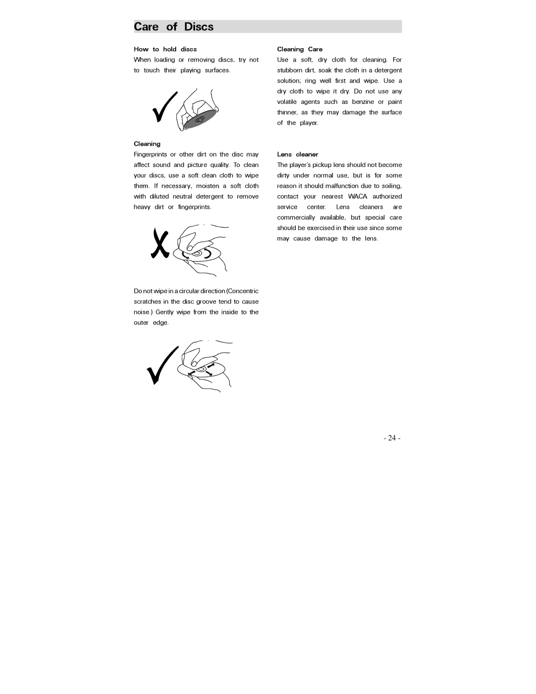 Polaroid PDV-0750 operation manual Care of Discs, How to hold discs, Cleaning Care, Lens cleaner 