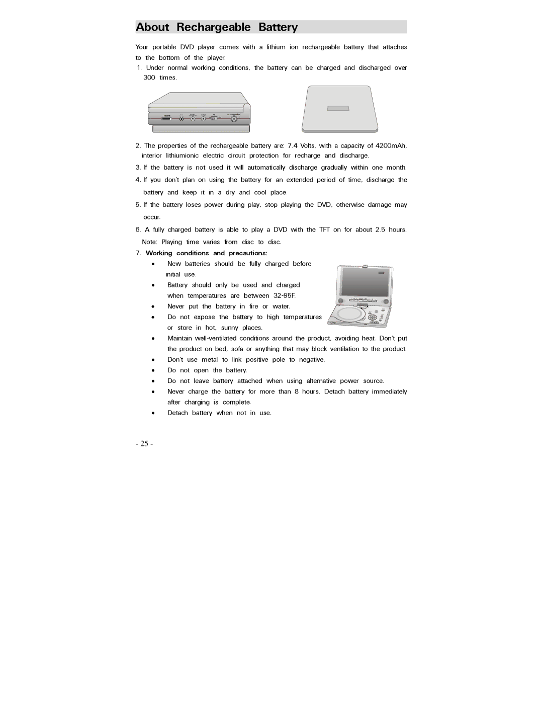 Polaroid PDV-0750 operation manual About Rechargeable Battery, Working conditions and precautions 