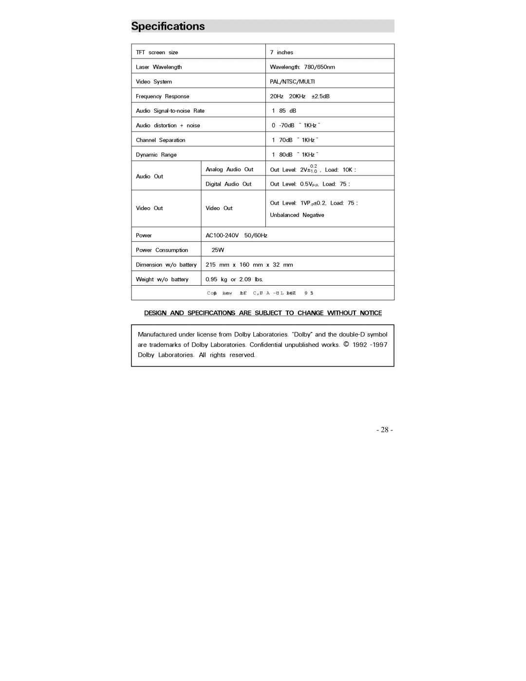 Polaroid PDV-0750 operation manual Specifications, Pal/Ntsc/Multi 