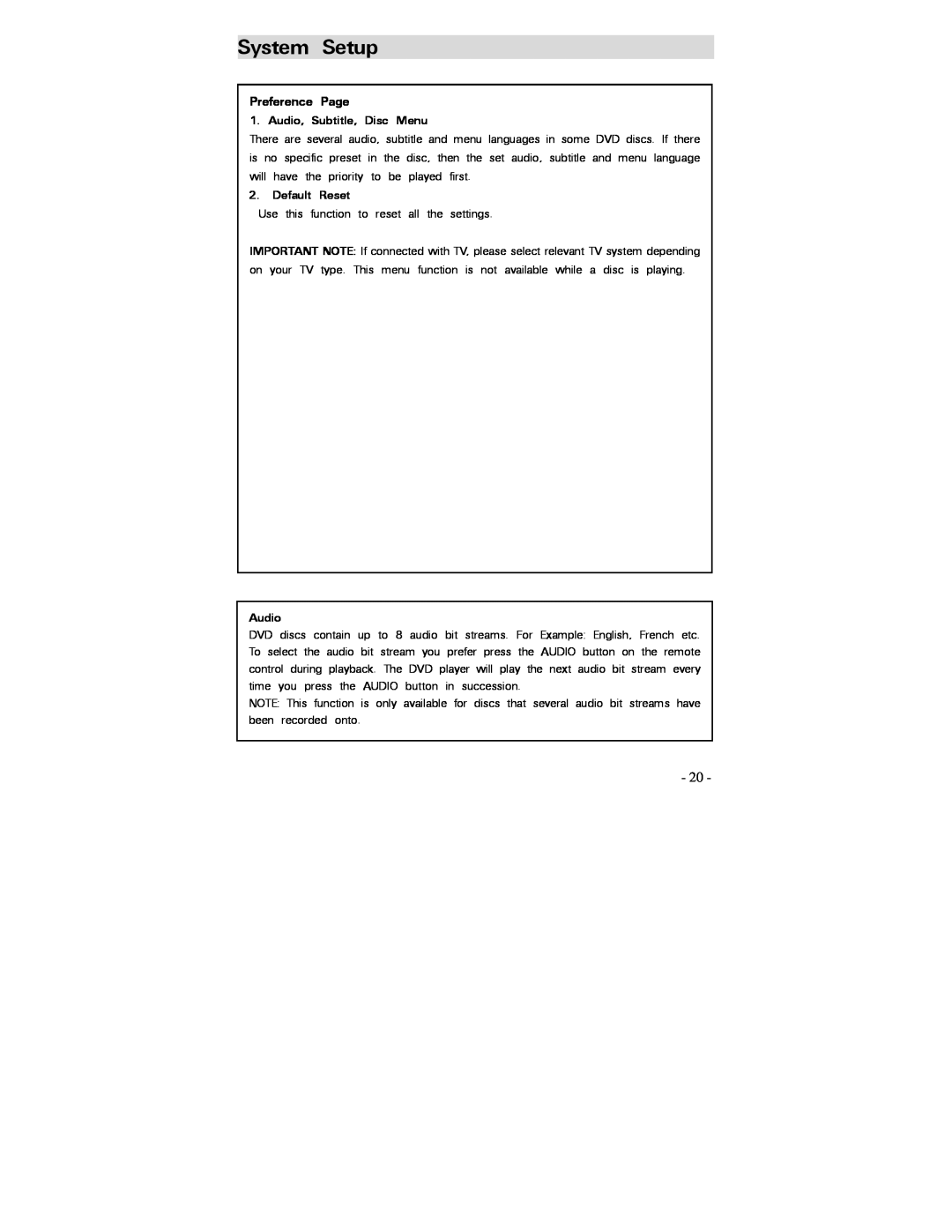 Polaroid PDV-0750 operation manual Preference Page 1. Audio, Subtitle, Disc Menu, Default Reset, System Setup 