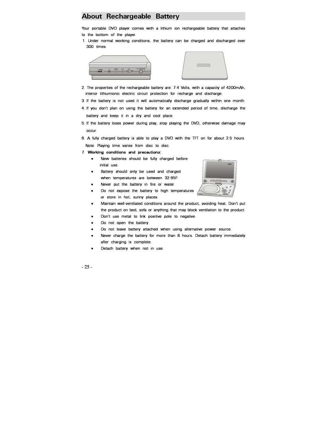 Polaroid PDV-0750 operation manual About Rechargeable Battery, Working conditions and precautions 