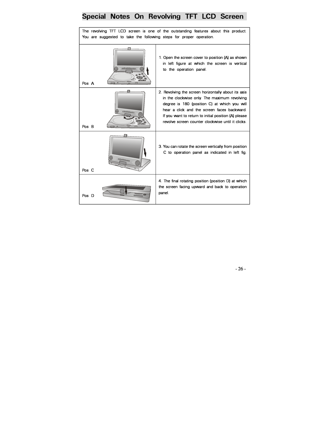 Polaroid PDV-0750 operation manual Special Notes On Revolving TFT LCD Screen 