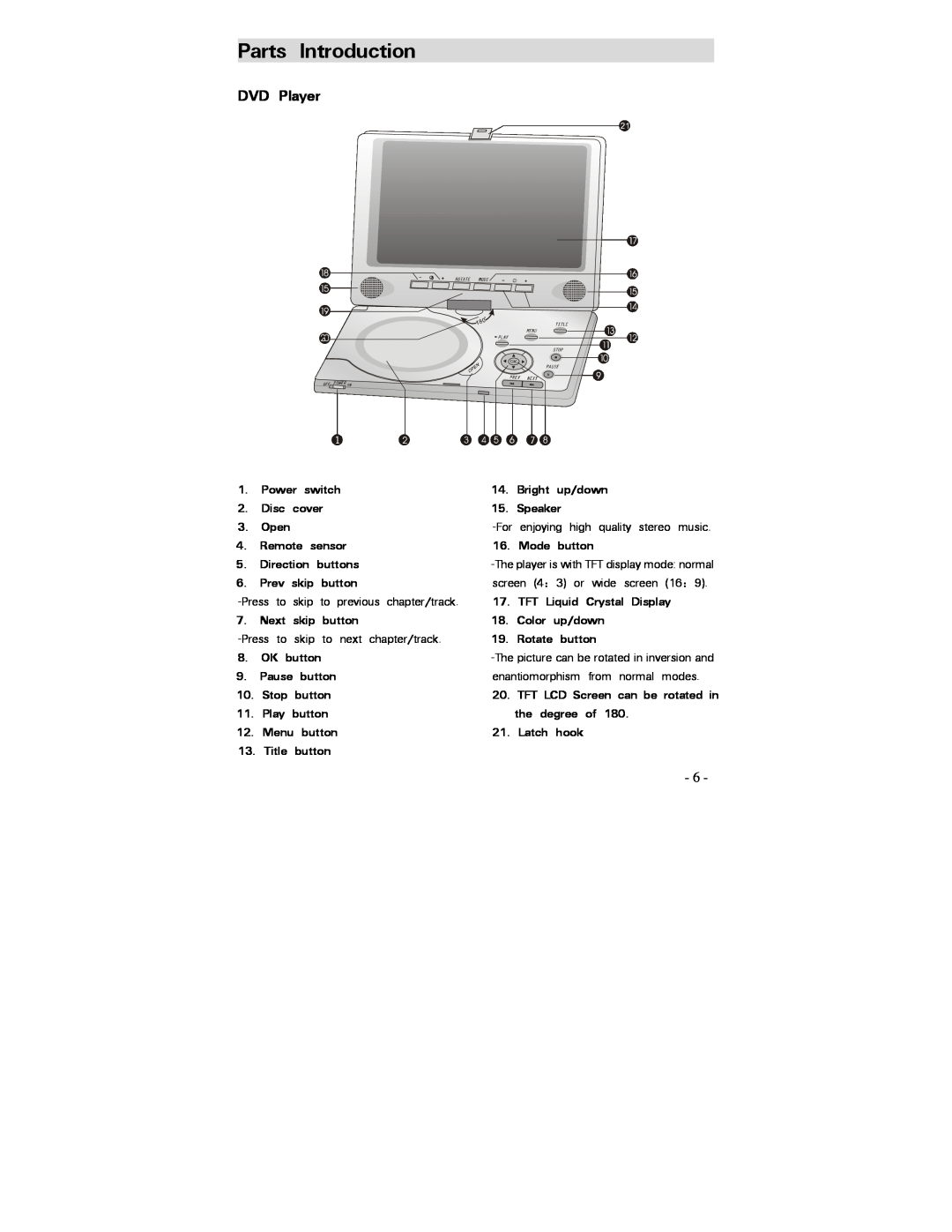 Polaroid PDV-0750 Parts Introduction, DVD Player, Power switch 2. Disc cover 3. Open 4. Remote sensor, Next skip button 