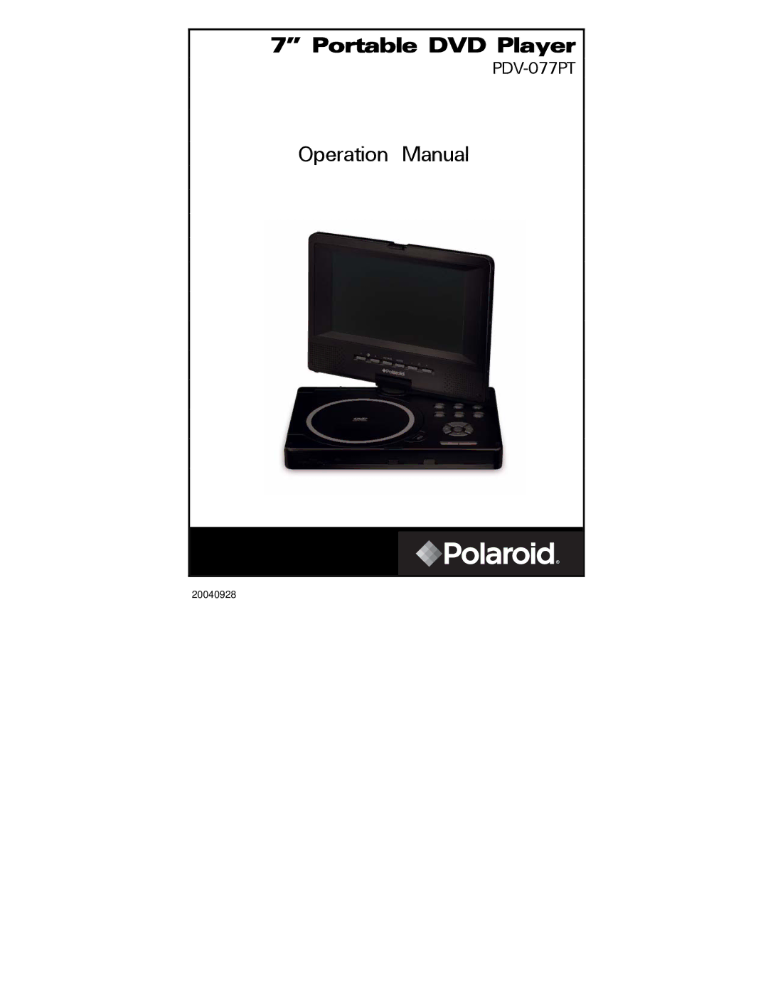 Polaroid PDV-077PT operation manual Portable DVD Player 