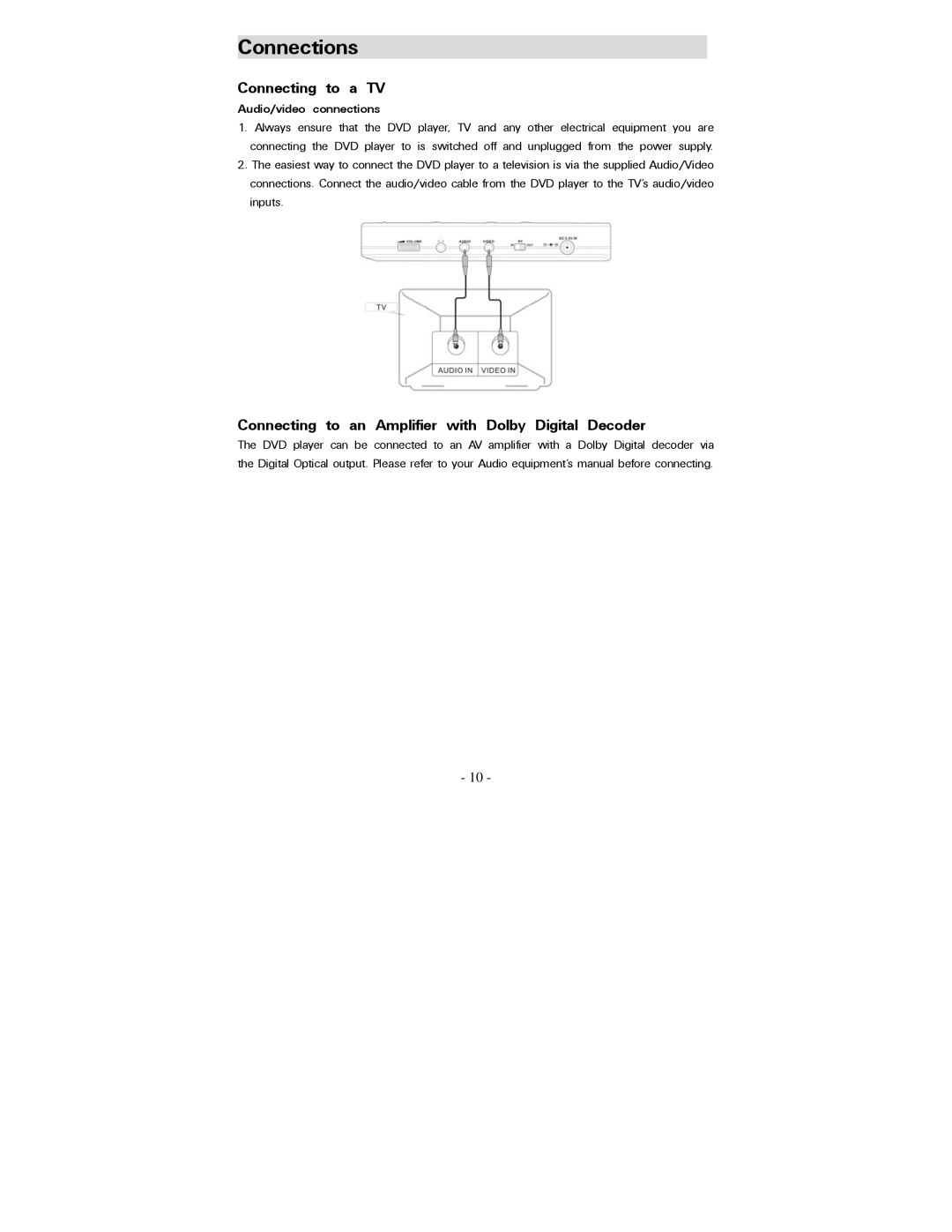 Polaroid PDV-077PT operation manual Connections, Connecting to a TV, Connecting to an Amplifier with Dolby Digital Decoder 