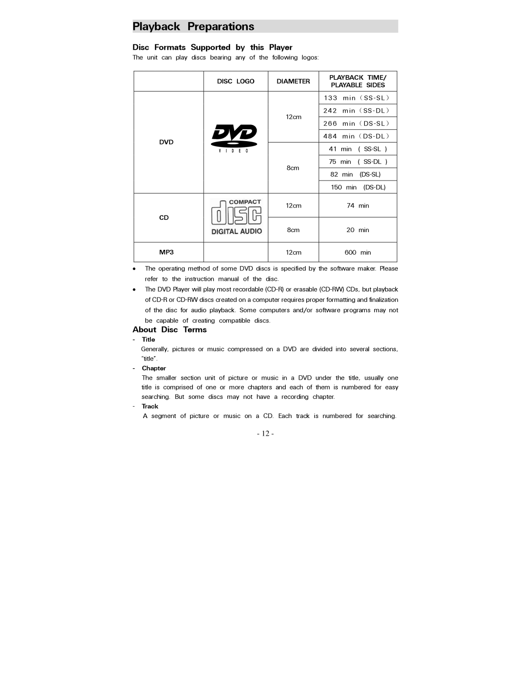 Polaroid PDV-077PT operation manual Disc Formats Supported by this Player, About Disc Terms, Title, Chapter, Track 