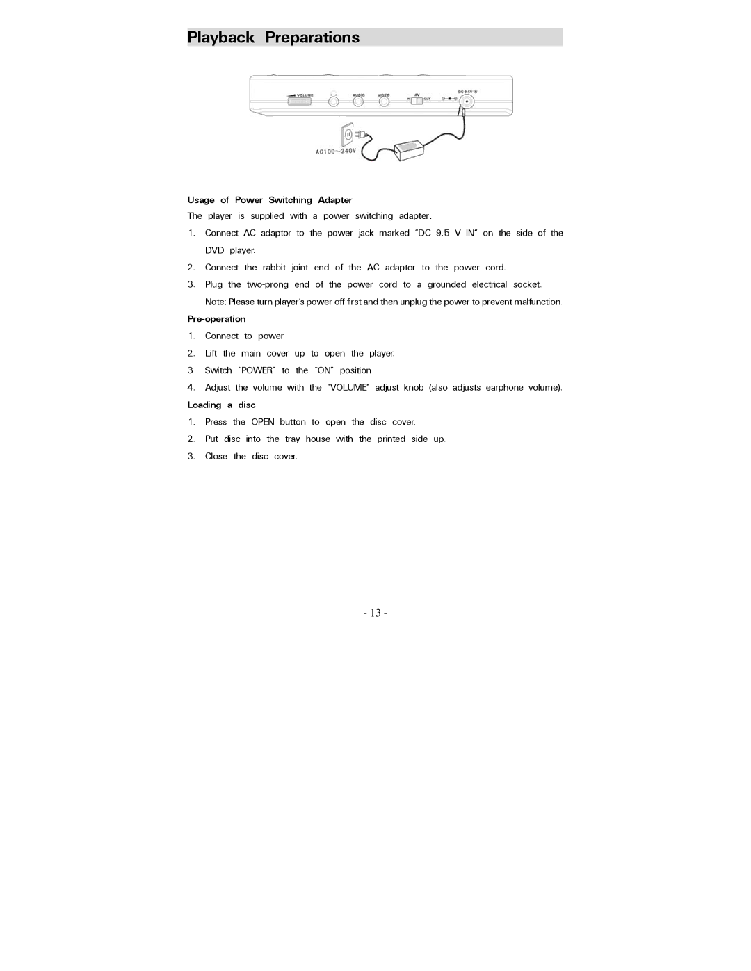 Polaroid PDV-077PT operation manual Usage of Power Switching Adapter, Pre-operation, Loading a disc 