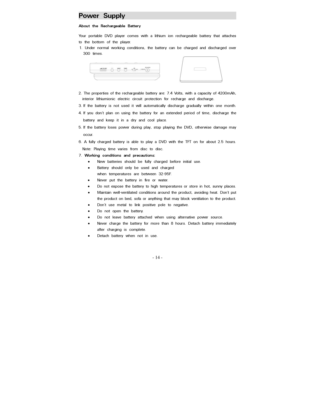 Polaroid PDV-077PT operation manual Power, Battery, Working conditions and precautions 